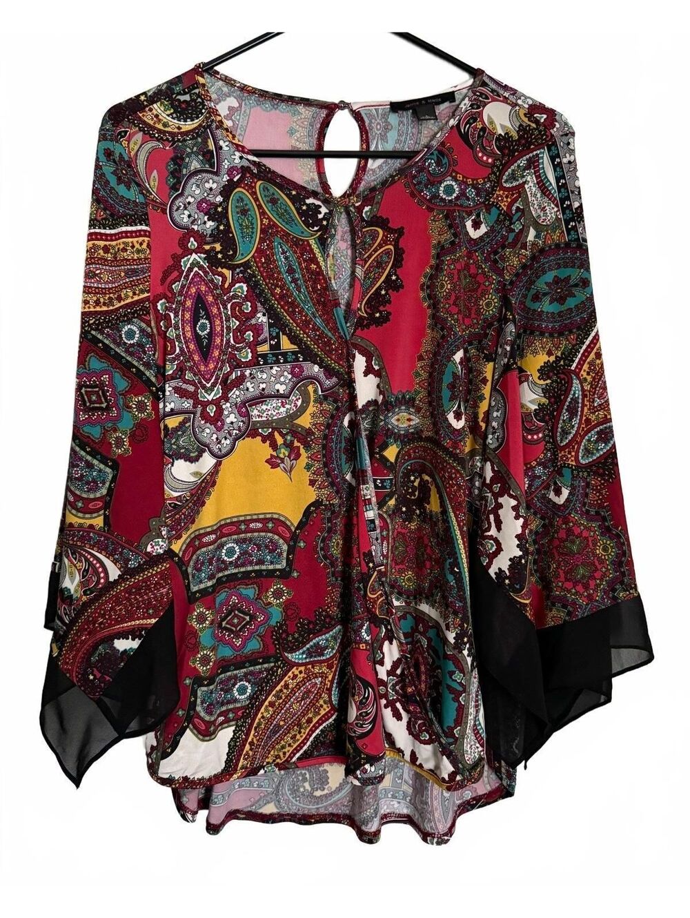 Jennie & Marlis Faux Wrap Blouse Size Large Colorful Retro Indie BOHO Top Silky